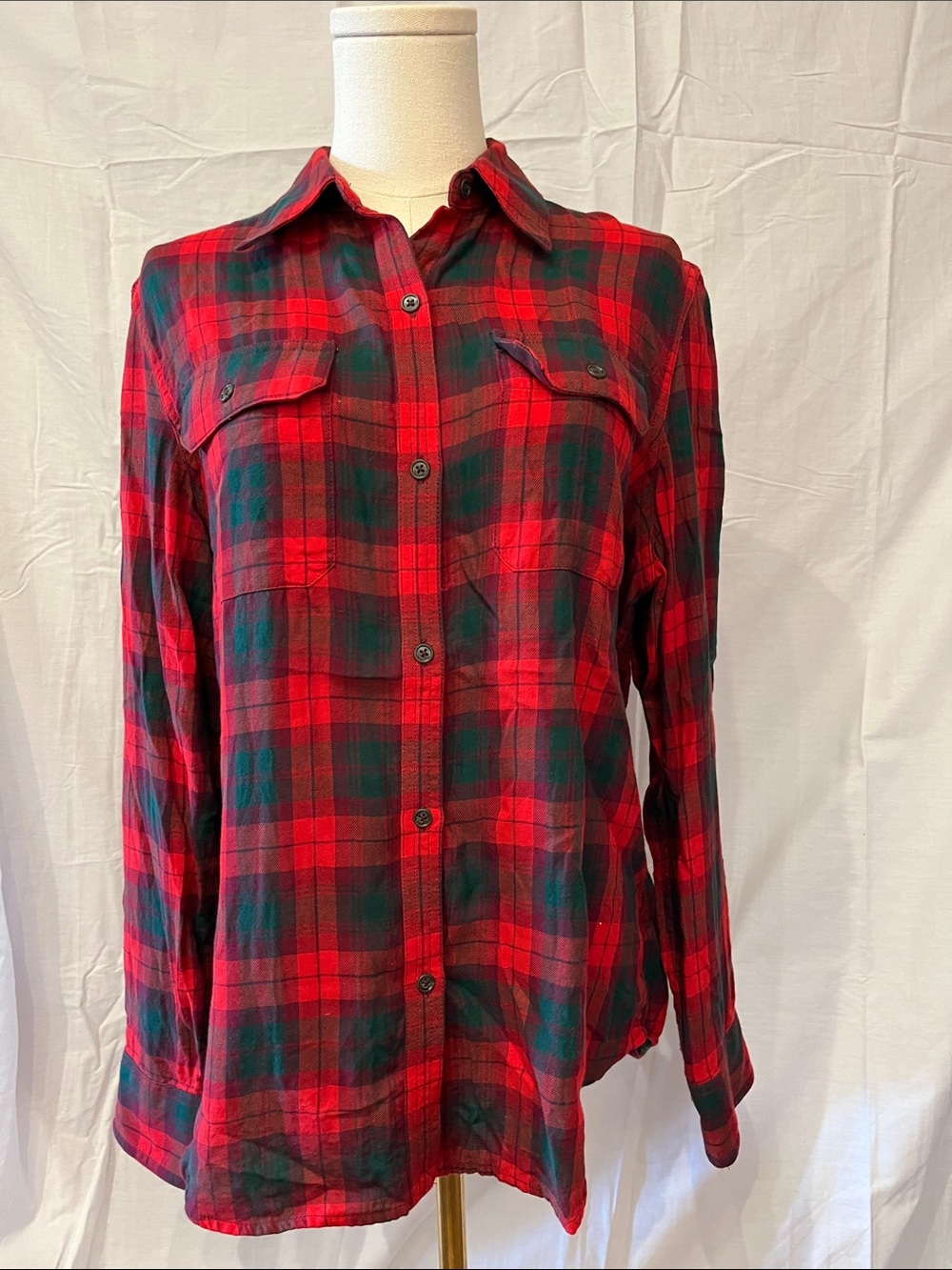 Chaps Red and Green Plaid Button-Up Shirt - Women's Long Sleeve Top